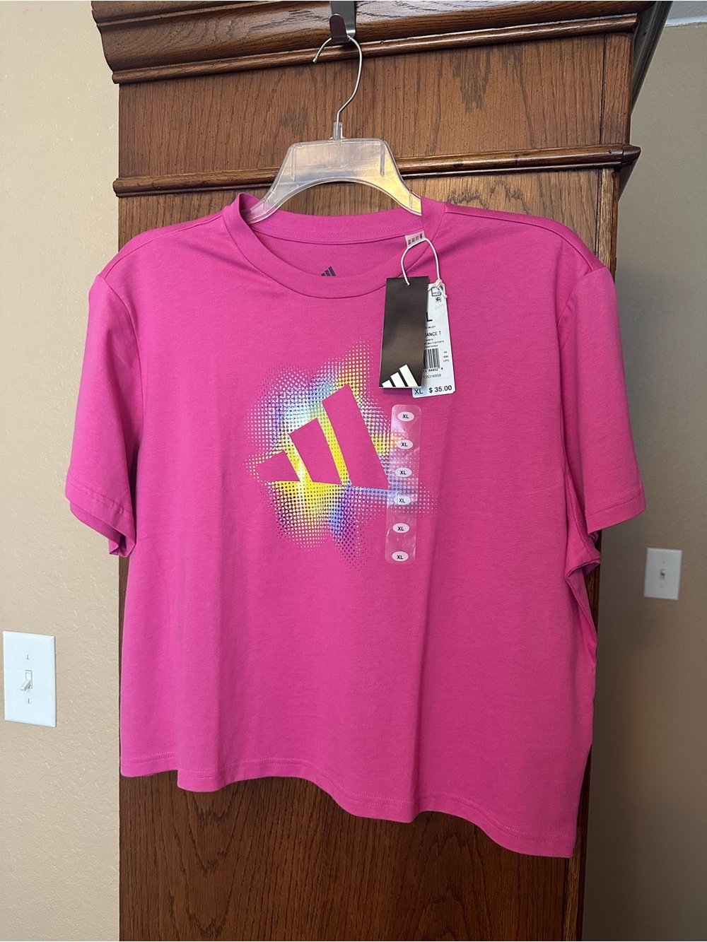 adidas Hot Pink Short Sleeve Tee with Multicolor Logo